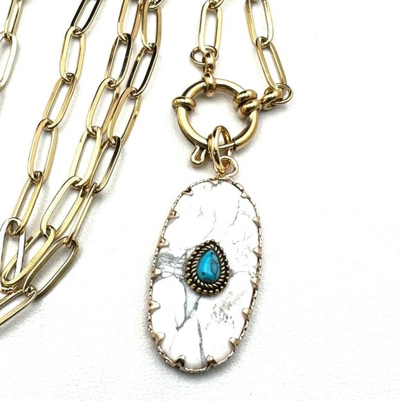 Howlite Turquoise Gemstone Pendant Necklace 18K Gold Plated Chain 17 Inch - Picture 1 of 8